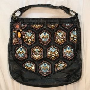 Isabella Fiore Black Leather, Embroidered Handbag